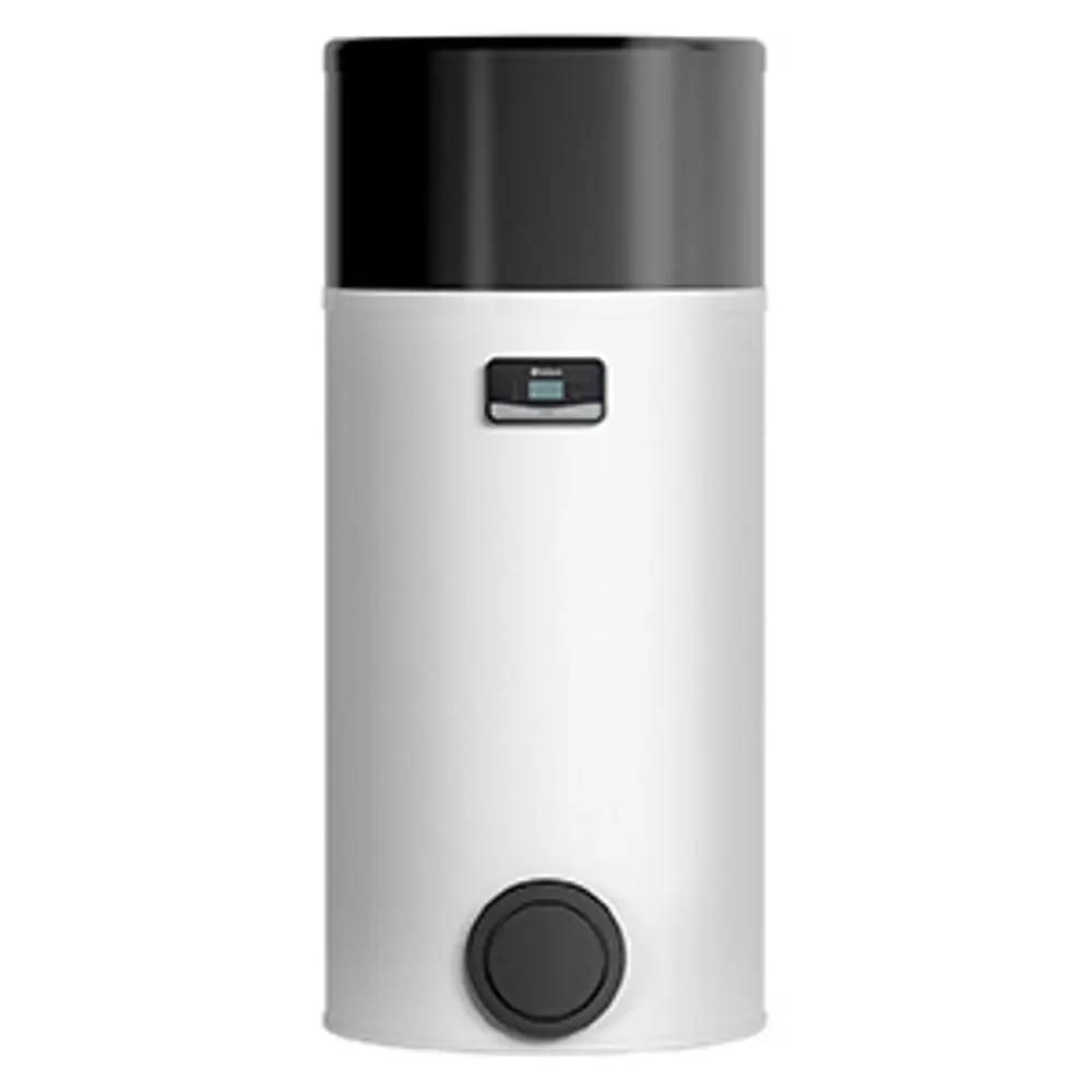 Vaillant Warmwasserwärmepumpe in zylindrischer Form, mit schwarzem oberen Teil und digitalem Display an der Vorderseite zur Temperatureinstellung.